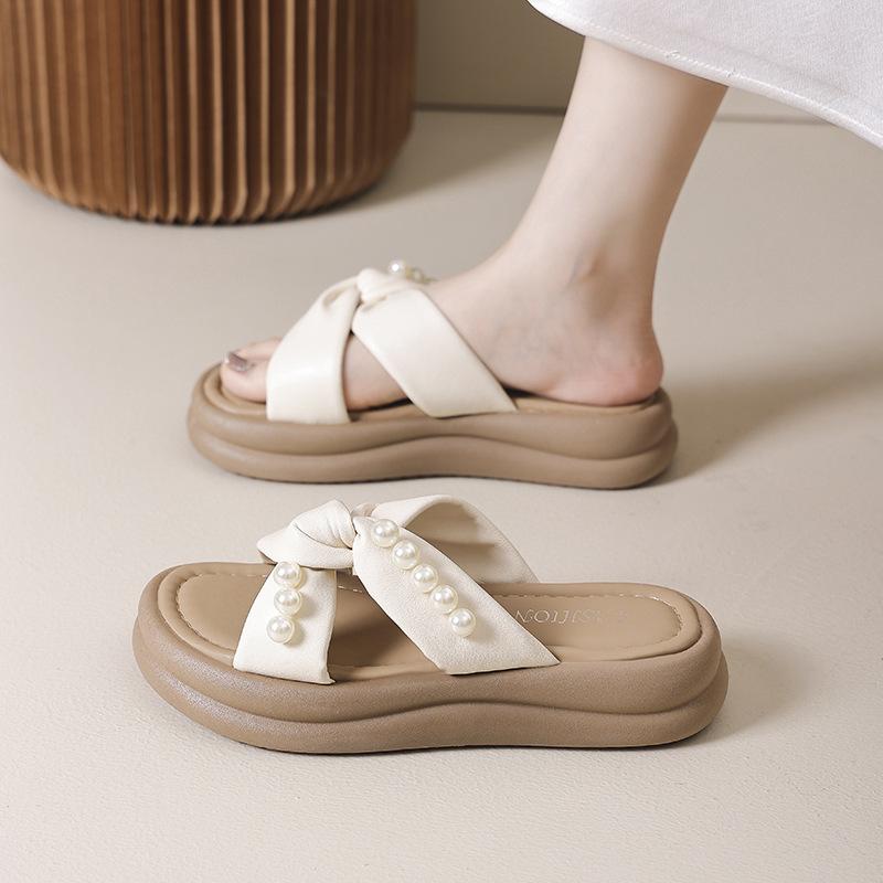Thick bottom cross one-word drag women's summer new fashion comfortable casual pearl with skirt sandals