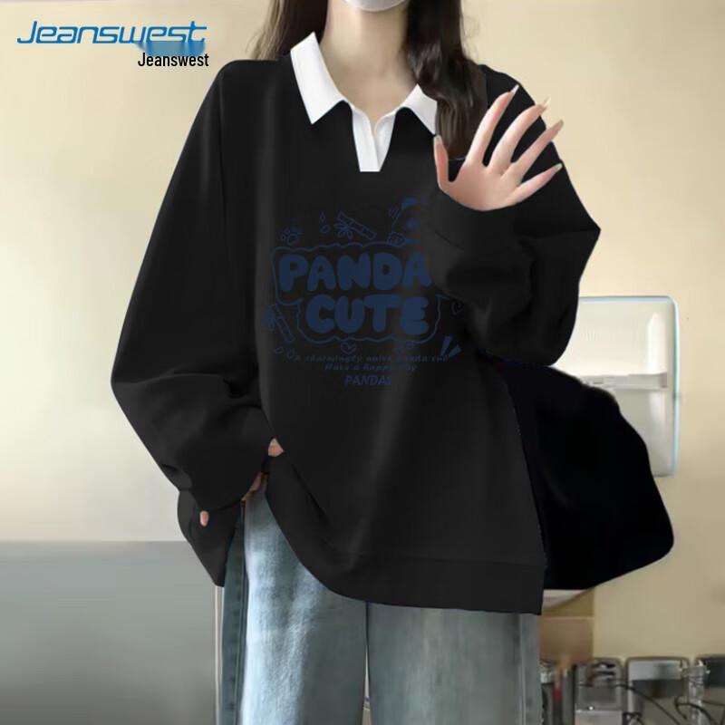 

JEANSWEST Women s 2025 Autumn/Winter Polo Collar Collegiate Print Sweatshirt XL