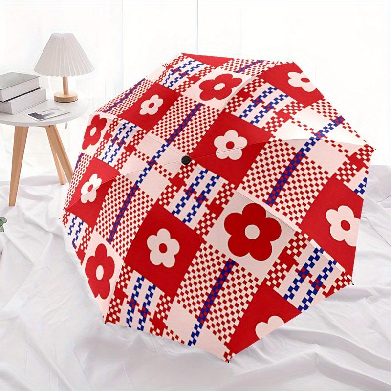 1pc Floral Checkered Automatic Folding Umbrella, 8-Rib Sturdy Canopy, Portable Travel Umbrella for Outdoor Use