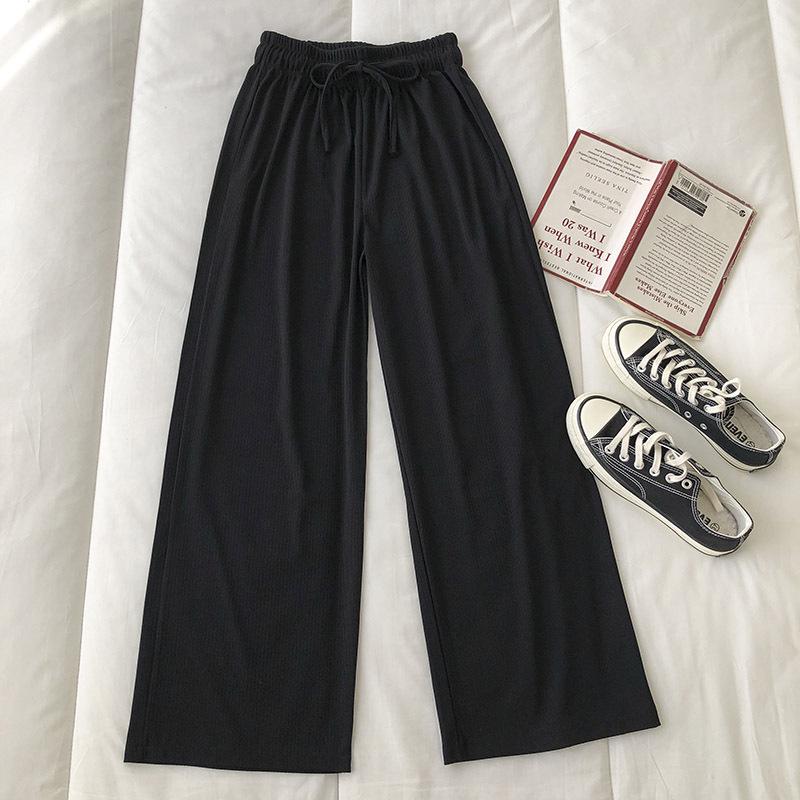 Women's Autumn Elastic Waist Wide-Leg Pants—Korean Style, Loose, Slimming, Draping Long Pants, Solid Color, Casual Fit.