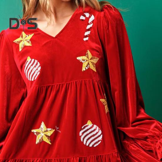 Women Christmas Dress Festive Star Print Patchwork Sequin A-line Pleated V Neck Long Sleeves Ruffles Velvet Party New Year Mini Dress