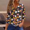Lady's fashionable casual V-neck buttoned Halloween print three-quarter sleeve