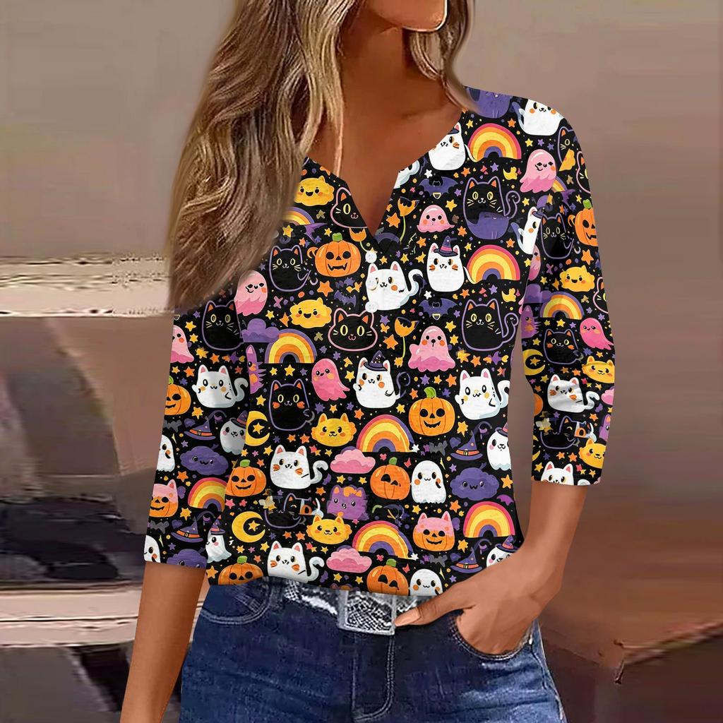 Lady's fashionable casual V-neck buttoned Halloween print three-quarter sleeve