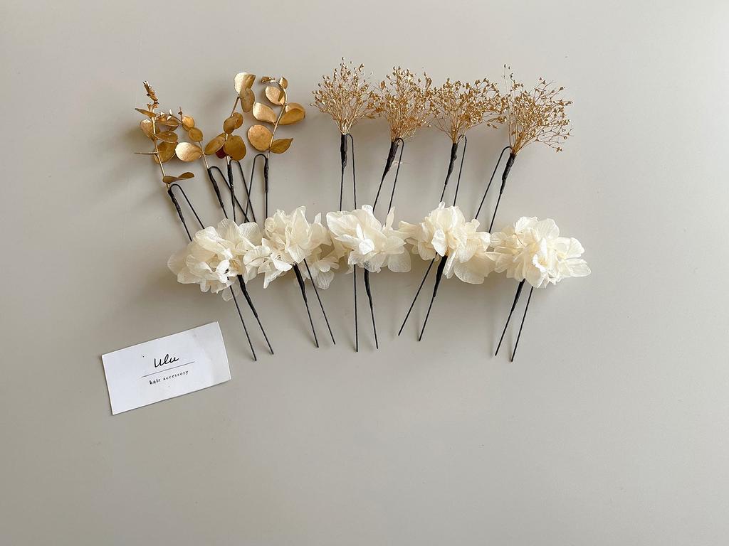 Dried Flower Hair White and Japanese Hair Accessory Ornament, Gold, Headpiece, Coming-of-Age Ceremony, Wedding, Clothing, Baby's Breath, Furisode,