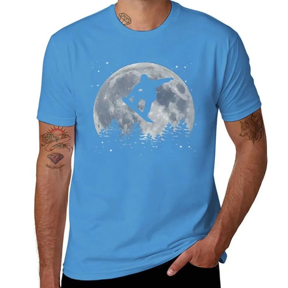 Camiseta de Snowboard Saltando Delante de la Luna Tallas Grandes de Secado Rápido Camisetas de Peso Pesado para Hombre