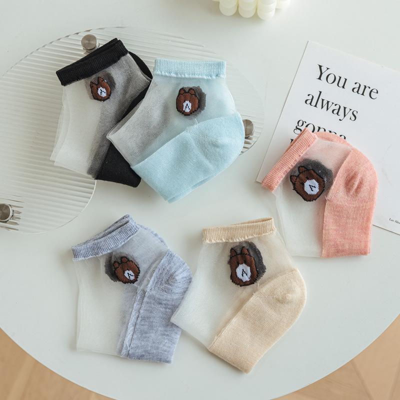 5pais Women Girl Summer Thin Cartoon Bear Female Crystal Silk Socks Transparentsocks Lace Breathable Non-slip Glass Silk Socks