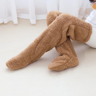 Fuzzy Thigh-High Socks Fluffy Leg Warmers Thickened Plush Over The Knee Socks with Sole Holes for Winter Home Lounging Sleeping