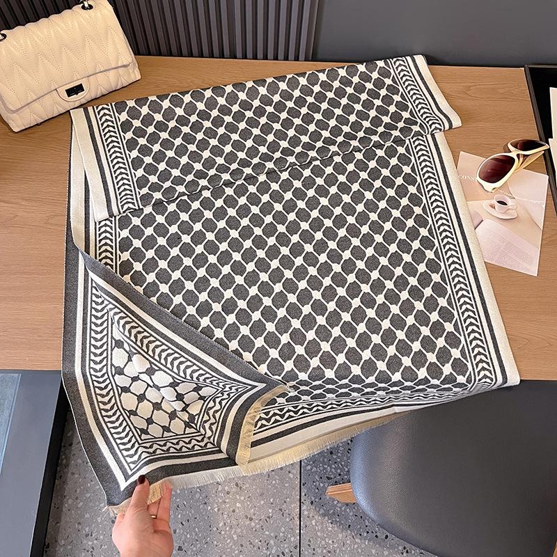 

Клетчатый принт Контрастные цвета Двусторонний Имитация кашемира Шарф Зимняя Высококачественная Теплая Шаль Женская 180cm серый