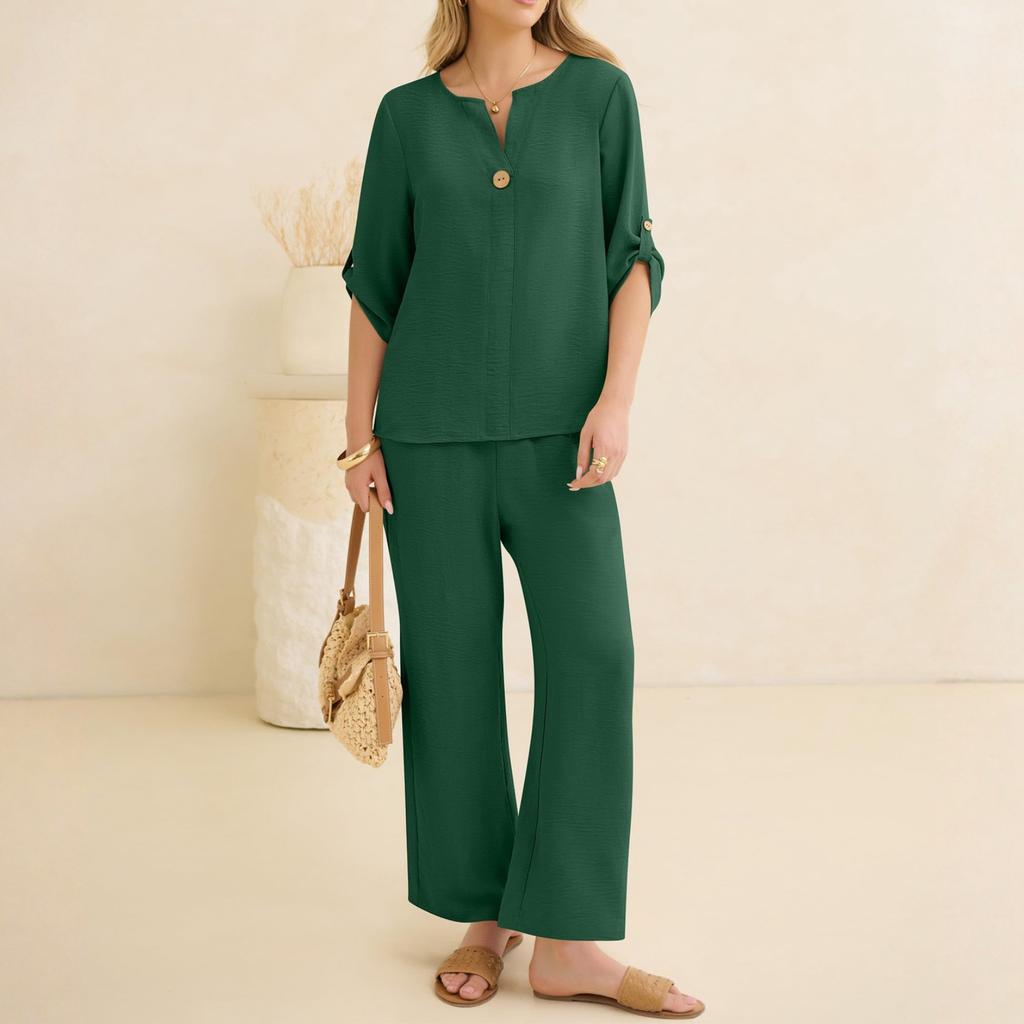Women Two Piece Set Long Sleeve Loose Fit Blouse and Wide Leg Pants Casual Lightweight Outfit for Daily Wear
