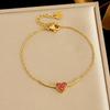 DIEYURO 316L Stainless Steel Gold Plated Red Rhinestone Heart Bracelet Lady Dainty Link Chain Adjustable Charm Hand Chain