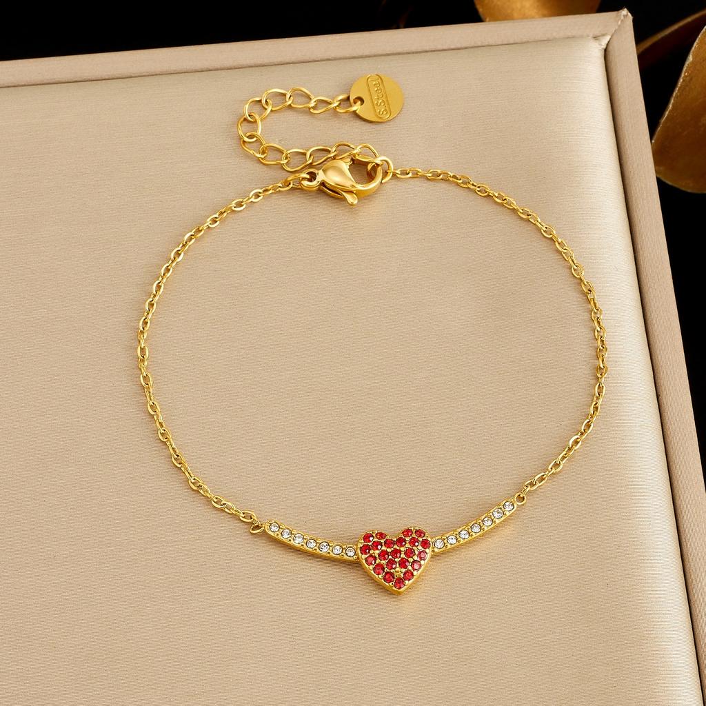 DIEYURO 316L Stainless Steel Gold Plated Red Rhinestone Heart Bracelet Lady Dainty Link Chain Adjustable Charm Hand Chain