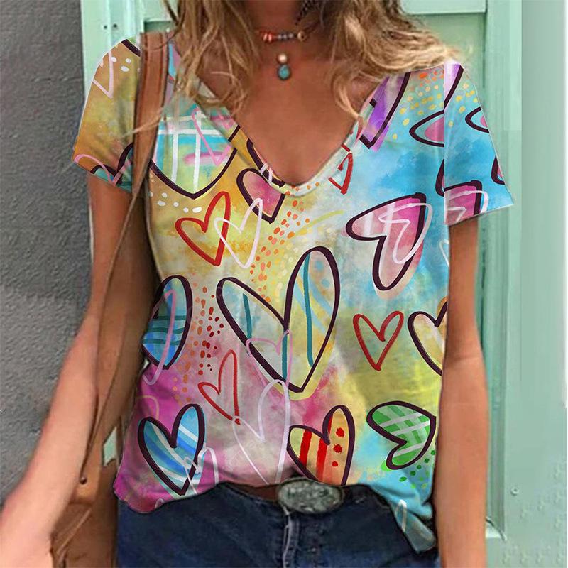 Colorful Street Retro Short Sleeved Girl V-neck Heart-shaped Top Women's T-shirt 3D Harajuku T-shirt