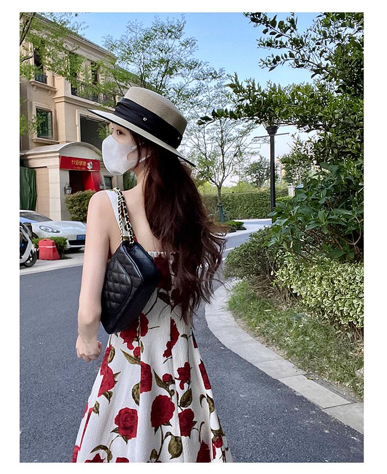 Women's French Retro Rose Floral Suspender Dress - Elegant and Chic Long Design