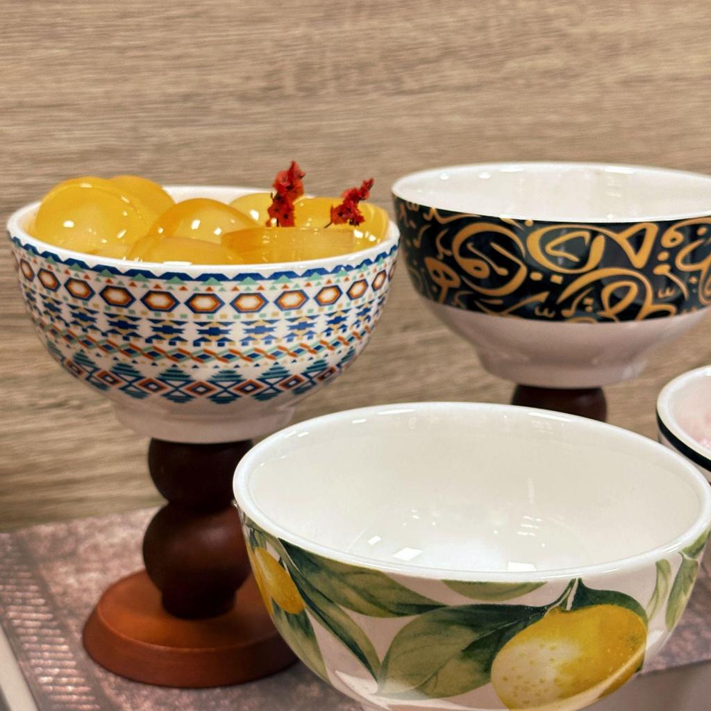 Bohemian French Retro Ceramic Dessert Bowl with Wooden Stem.