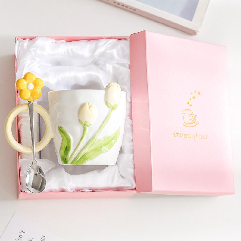 Ins High Value Tulip Mug Niche Design Sense Ceramic Cup for Girls Drinking Water Cup Coffee Cup for Home Use