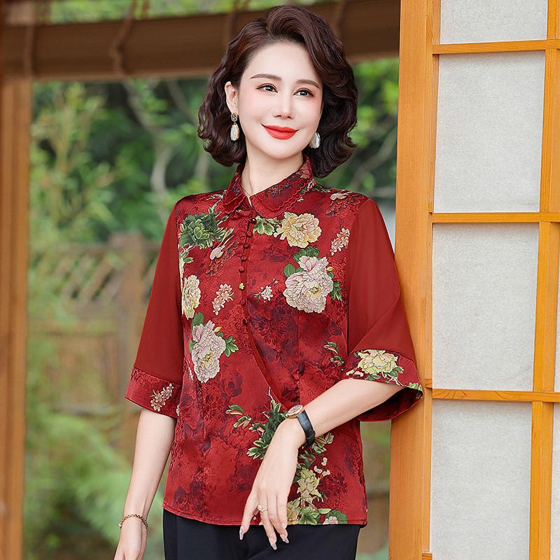 Middle Aged and Elderly Women's Casual Breathable Round Neck Short Sleeved Chinese Style T-shirt Western Style Top for Women