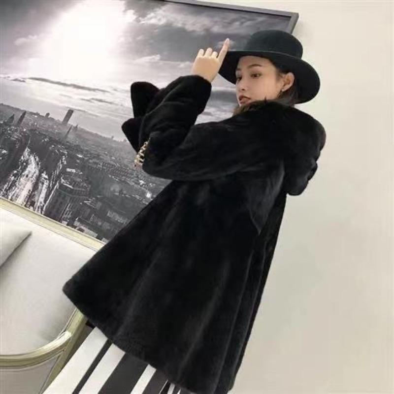 Winter new velvet imitation mink coat women's age-reducing hooded imitation fur coat women's medium and long trendy
