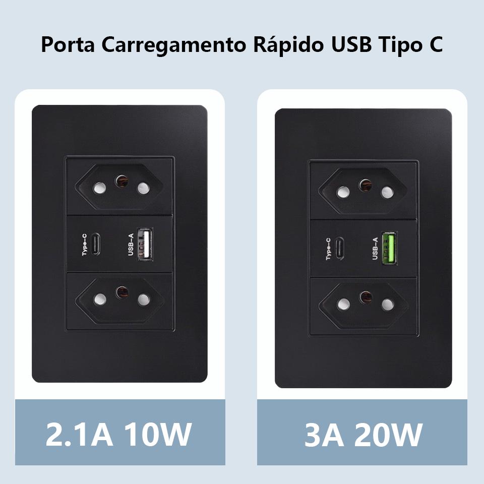 Brazil Standard 20A Wall Power Socket PD 3.0 20W Type-C Dual USB Fast Charge Outlet 118*75mm Flame retardant PC panel Usb Socket