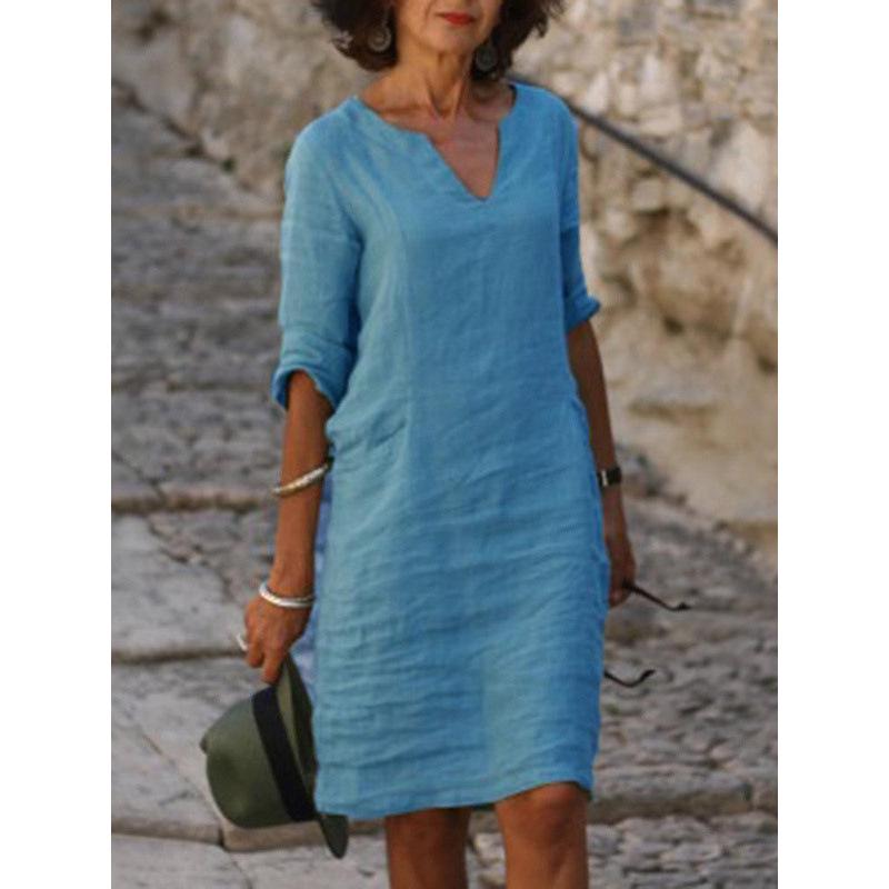 European-American Autumn Patchwork Cotton Linen V-Neck Dress, Women's Retro Solid Color, 3/4 Sleeve.