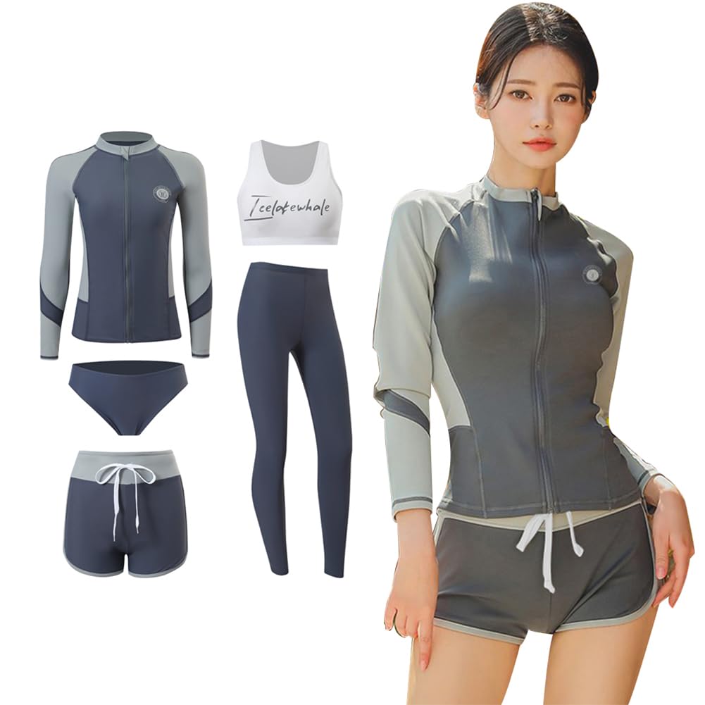 ANGJ Women's 5-Piece Rash Guard Swimsuit, Body-Concealing Fitness Set, Cover-Up Tankini, UV Protection, Open Front