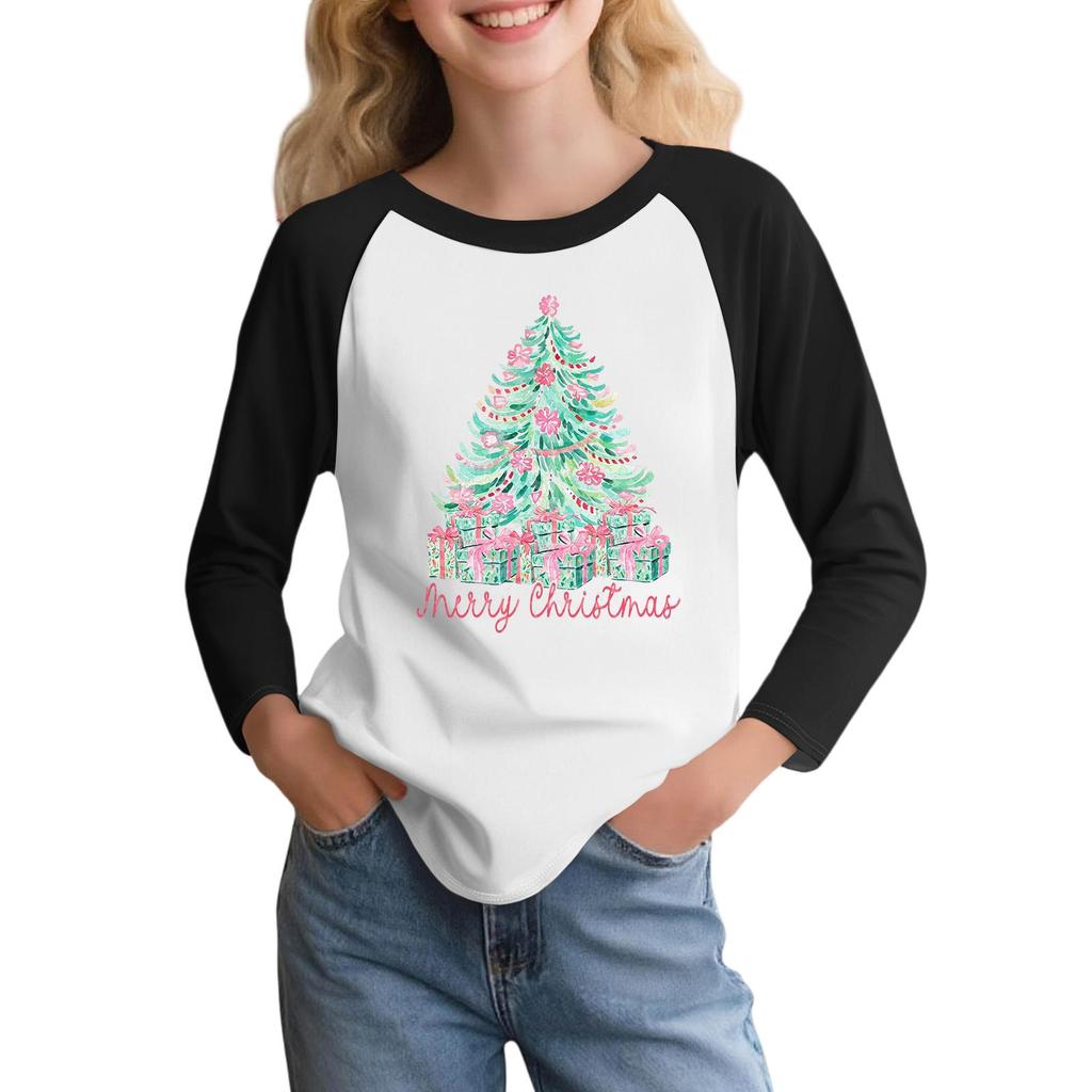 Kids' Fashionable Comfortable Christmas Print Neck Pullover Long Sleeve Top
