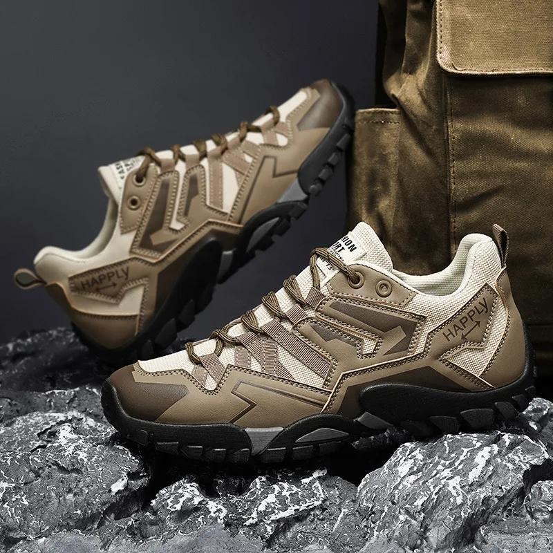 Fashion High Quality Fashion Leather Hiking Shoes Durable Outdoor Sport Men Trekking Leather Shoes Lace-Up Climbing Hunting Sneakers