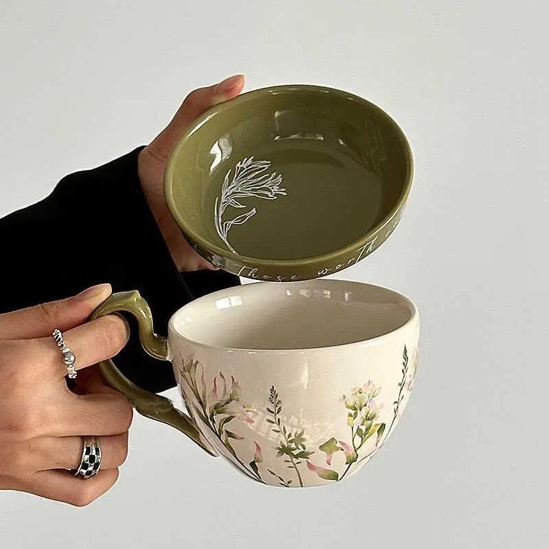 460ml Large Capacity Ceramic Cup with Cover, Breakfast Cup with Crank, Retro Rural Style Ceramic Mug Coffee Cup and Dishes Sets