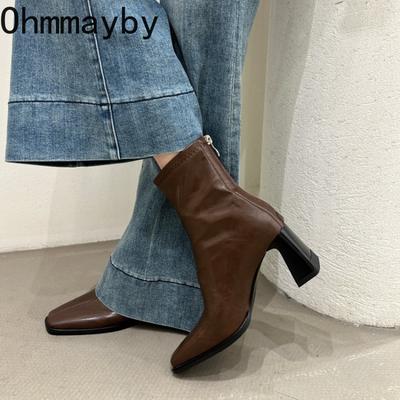 Vintage Square Toe Thick Heel Woman Ankle Boot Fashion Square Toe Ladies Elastic Slim Short Booties Autumn Winter Women'S Shoes