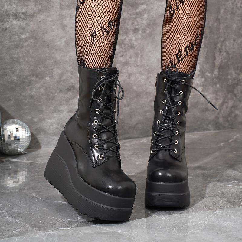 Fashion Women's Slope Heel Single Boots Spring New Round Head Front Strap Waterproof Platform Anti-slip Wear-resistant Short Shoes