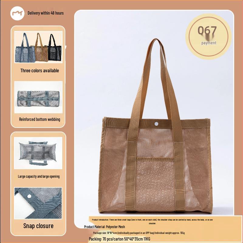 Large Capacity Portable Mesh Beach Bag with Multi-Pockets