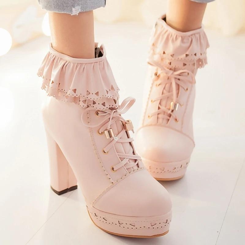 Autumn Winter Women's Ankle Boots Platform White Black Pink Sweet Short Boot Lace Up Footwear Lolitas Shoes Girls Big Size 45