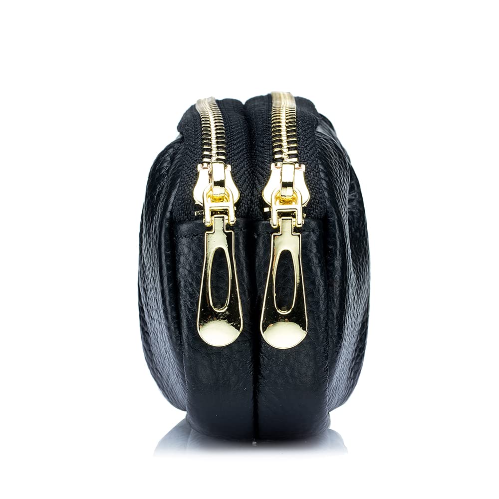 Yocipa Genuine Leather Double Zipper Coin Case, Women's Mini Wallet, Multifunctional Storage Pouch, Small Leather Compact Accessory Pouch,