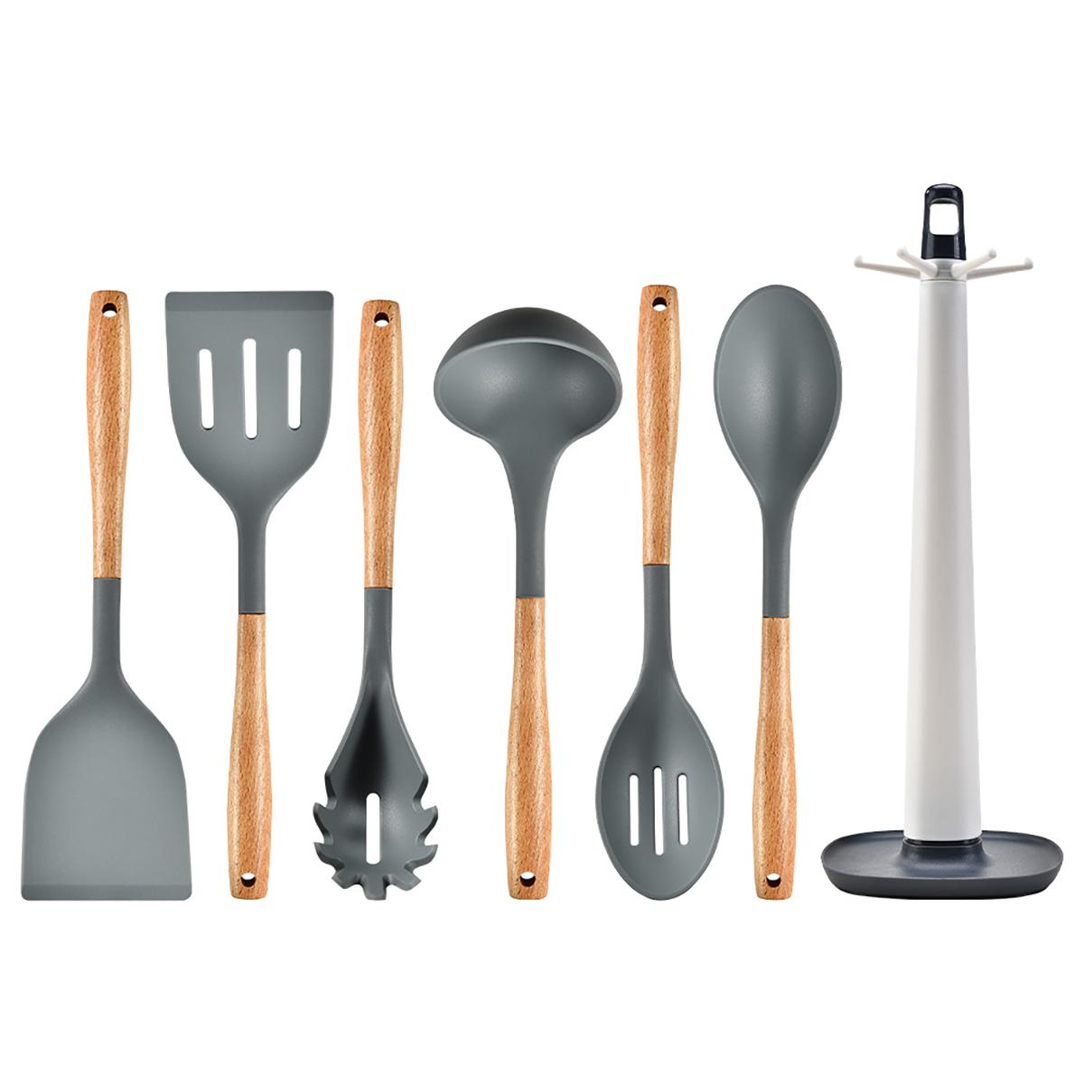 

6/7Pcs Silicone Kitchenware Set Non Stick Spatula Soup Spoon Kitchen Utensils with Storage Stand Wooden Handle Kitchen Utensils