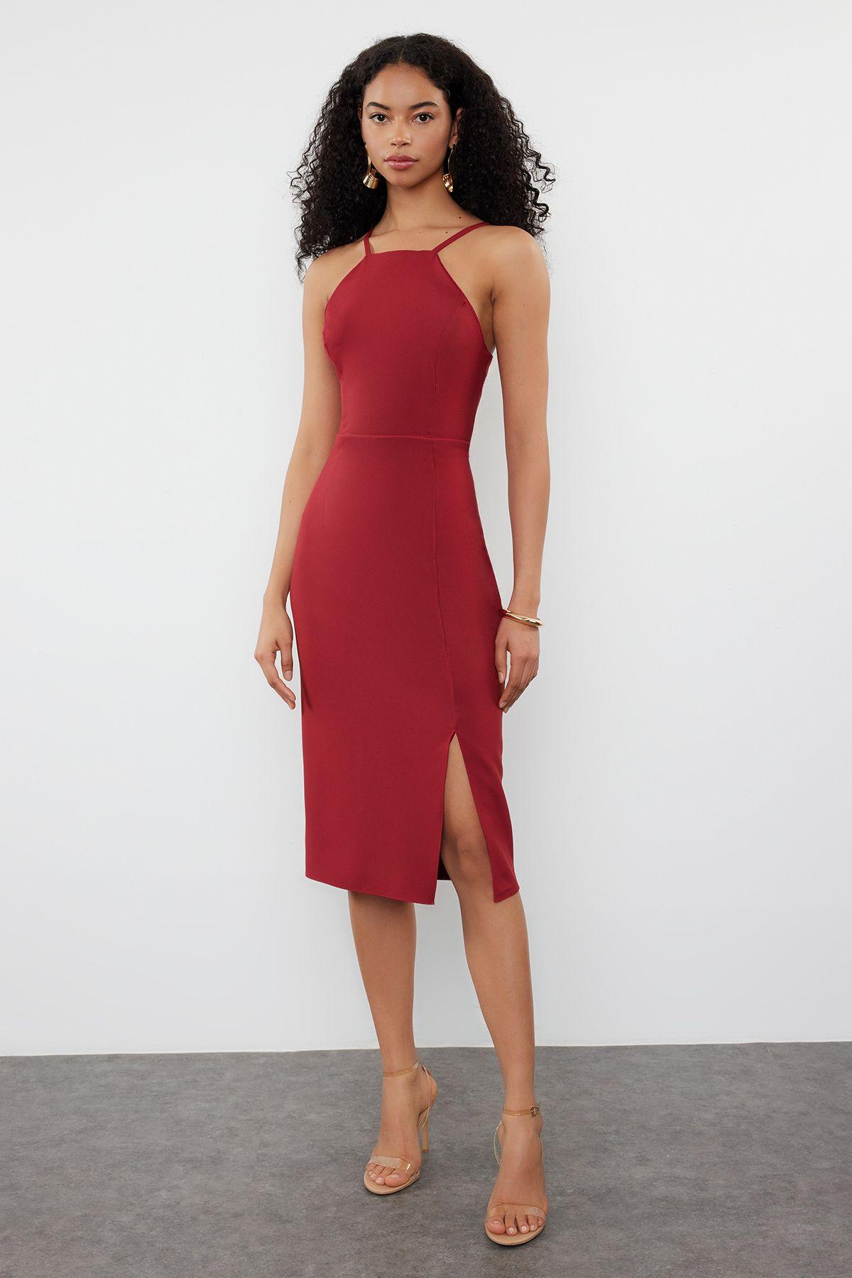 

Women s Style Dress Burgundy Bodycon Slit Halter Neck Midi Pencil Skirt Woven Dress L