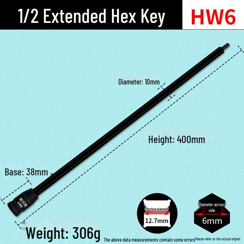 Compact Wind Cannon Hex Socket Wrench Set with 100mm & 200mm Bit Extensions for 1/2  Impact Wrench Black Press Batch H6 Length 400mm