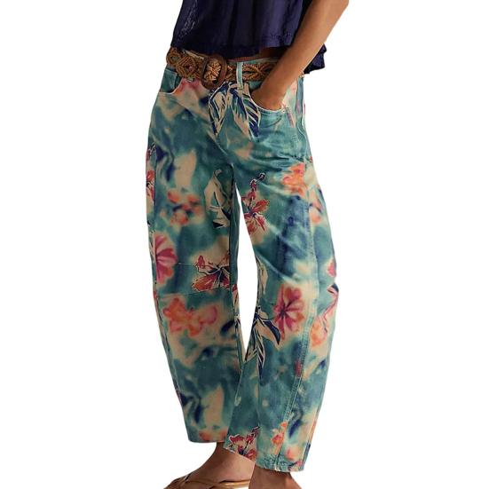 Barrel Jeans for Women Floral Print Boyfriend Baggy Jeans Casual Mid