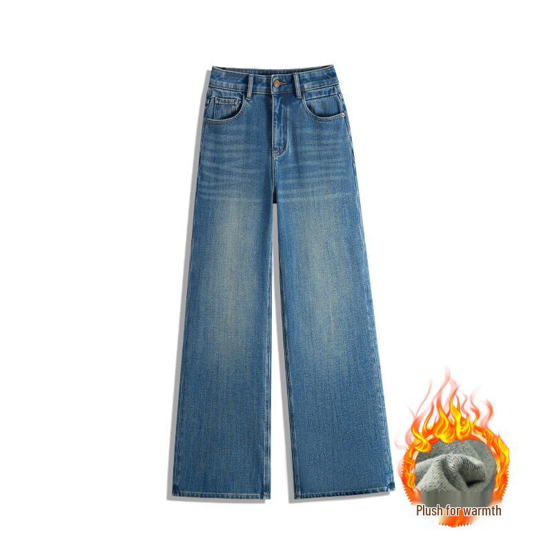 

Li Shaonü Women s Blue Wide-Leg Jeans, Winter Velvet, Slimming Pear Shape Straight-Leg Pants 6118. S