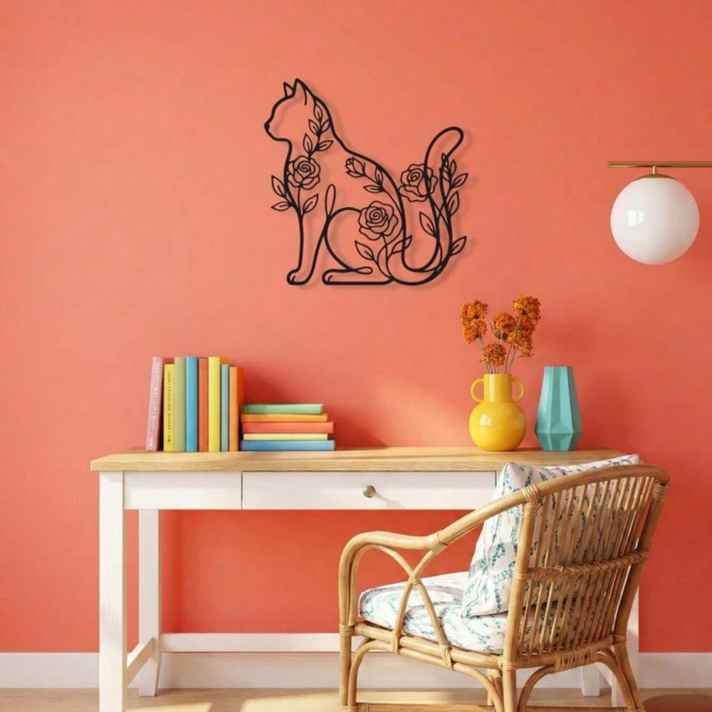 Floral Cat Metal Wall Art, Rose Silhouette Iron Sculpture, Minimalist Pet Lover Gift