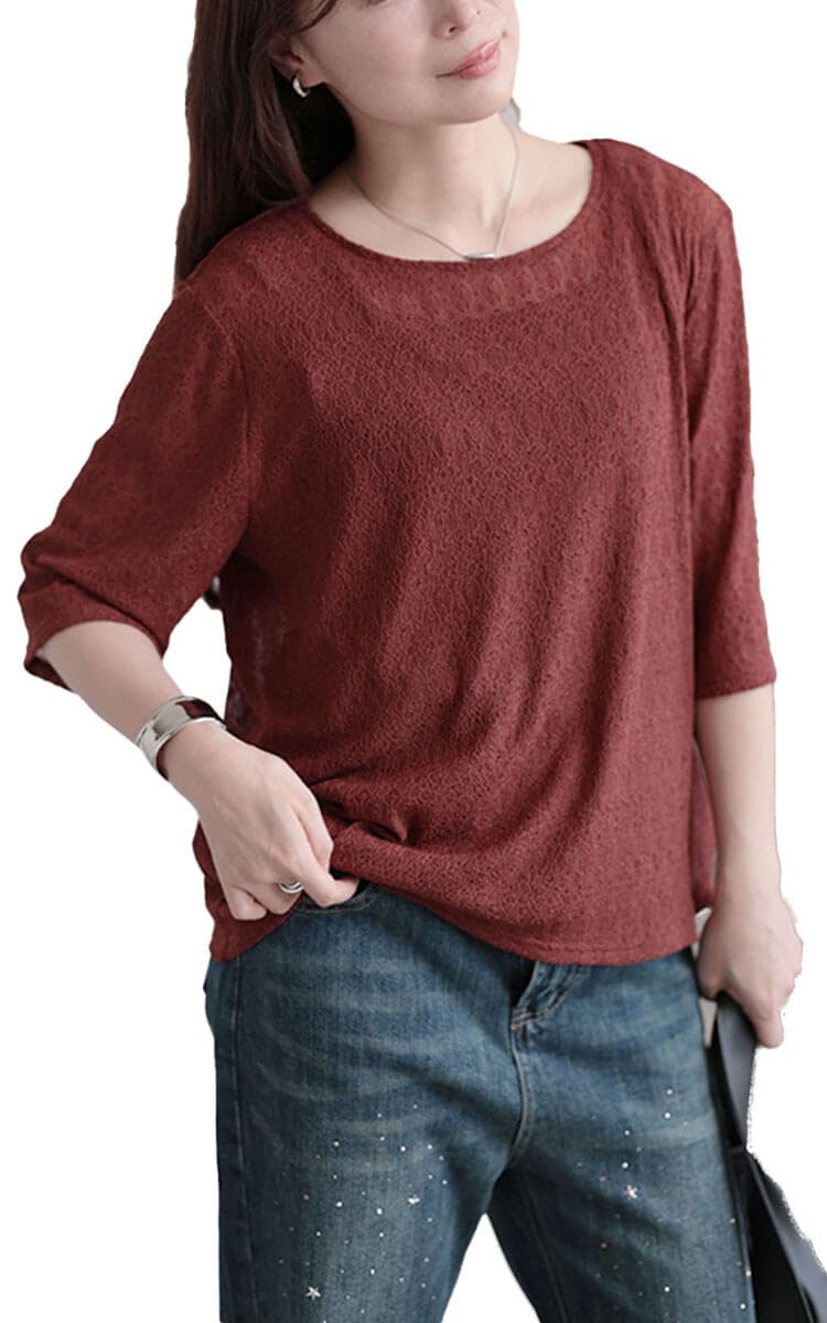 

Gold Japan Plus Size Size 5L Women s Top, 5/8 Sleeve, Lace, Sheer, Stretch, Summer, Autumn, Spring, maru-30155, Brown,