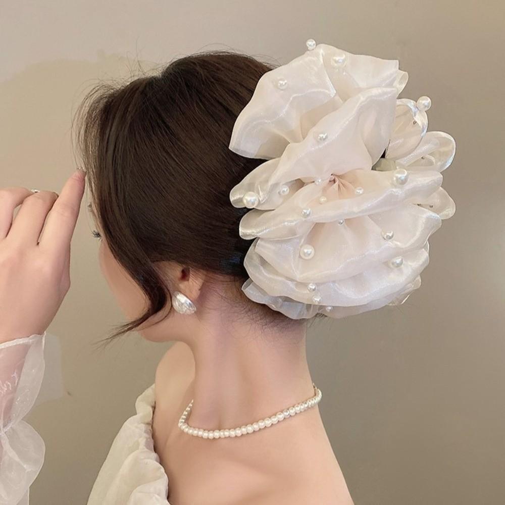 Large Bow Bow Hair Claw Bubble Mesh Pearl Shark Gripper Elegant Hair Clip Women