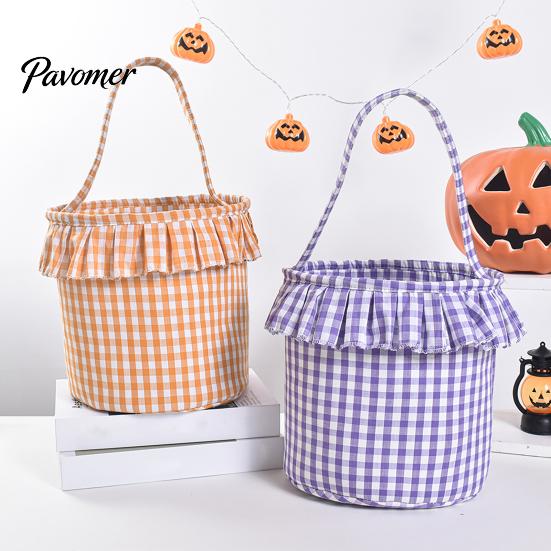 Trick or Treat Baskets Halloween Basket, Plaid Ruffle Candy Bucket with Handle Bags for Kids Kids, Reusable Gingham Fabric Storage Basket Party Favors