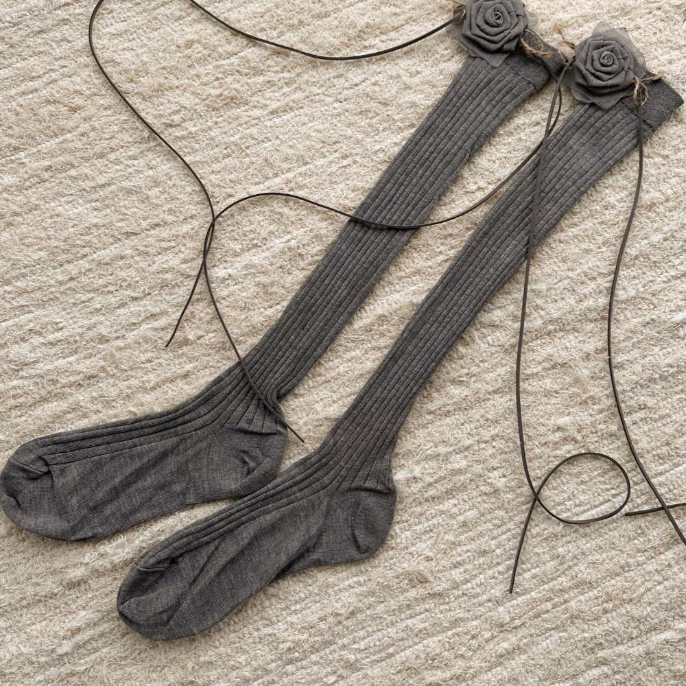 Lace Up Mid Tube Socks Ballet Style JK Lolita Stockings Breathable 3D Flower Stockings  Student