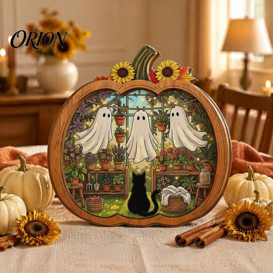 Cute Ghost Reading Figurines Halloween Wooden Tabletop Ornament, 2D Flat Bathing Harvest Season Room Decor Watering Plaque with Stand for Home Shelf,