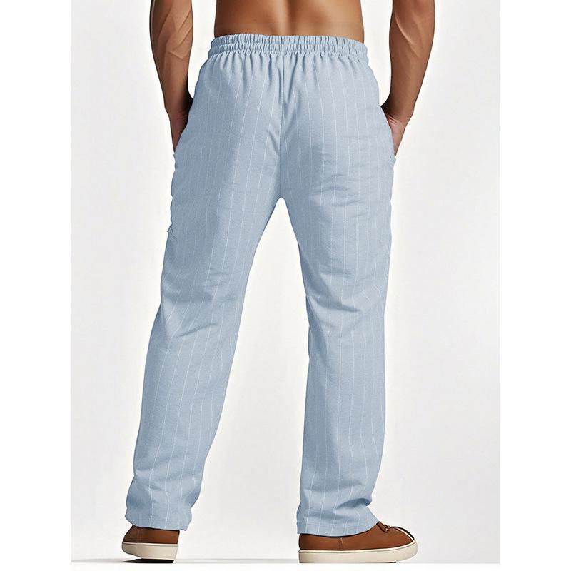 2026 Men's Linen Summer Pants Beach Pants Drawstring Vertical Stripes Straight Casual Breathable Comfortable Long Trousers