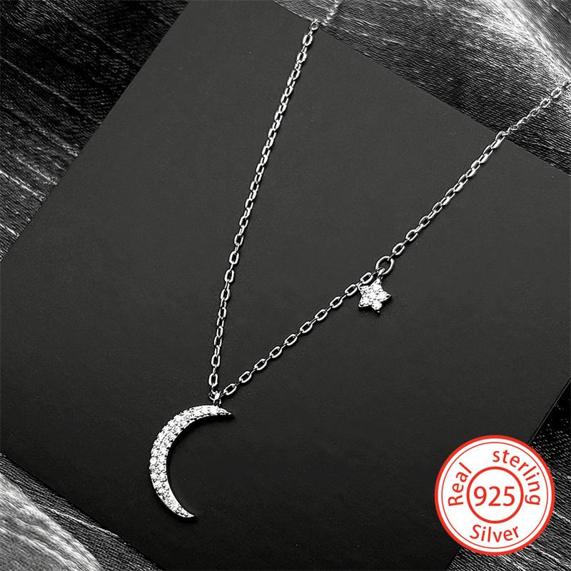 Luxury 925 Sterling Silver Crescent Moon Star Zircons Pendant Necklace for Women Girl Islamic Charms Choker Chain Jewelry Gift