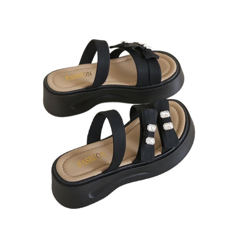 Women's new muffin rhinestone beach cool slippers women wearing thick-soled open-toed slippers