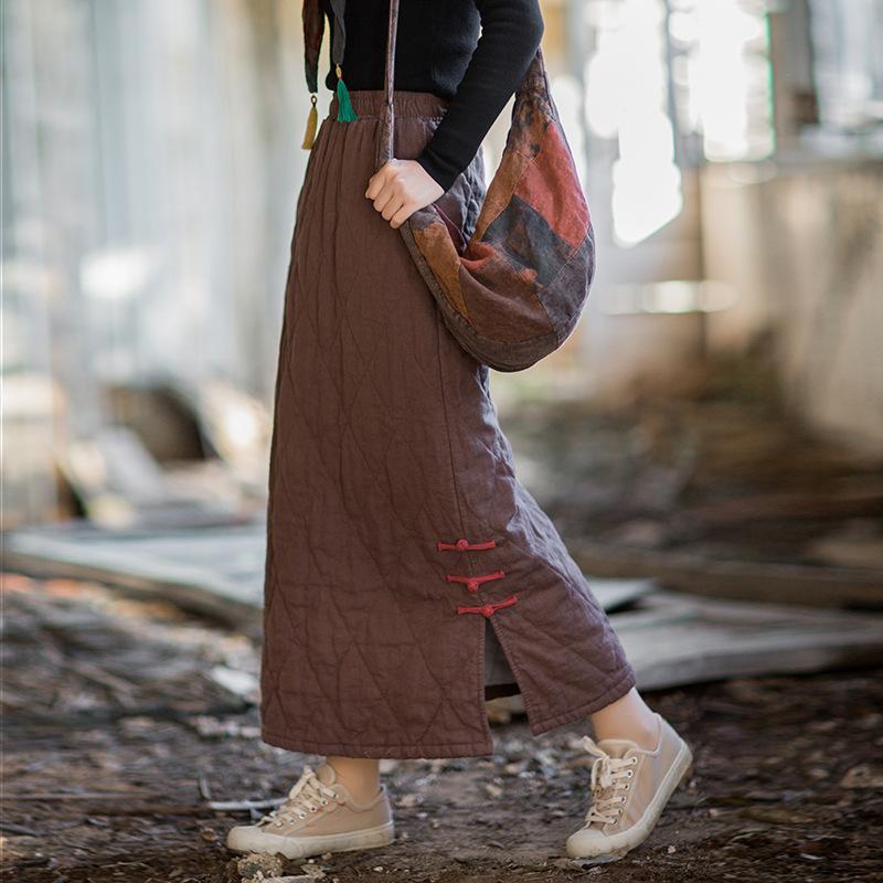 Johnature Женские Винтажные Зимние Юбки Эластичная Талия Однотонные Женские Пуговицы Юбки А-силуэта One Size кофейный