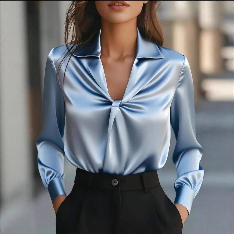 Women Fashion Solid Satin Pleated Long Sleeve Turn Down Collar Shirt
