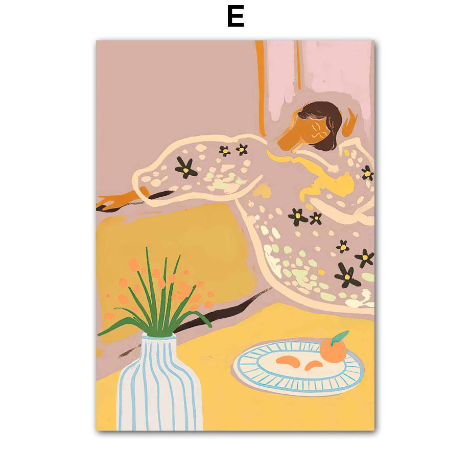 Retro Line Girl Lemon Flower LeafVase Abstract Gallery Poster And Prints Wall Art Canvas Painting Pictures For Living Room Decor