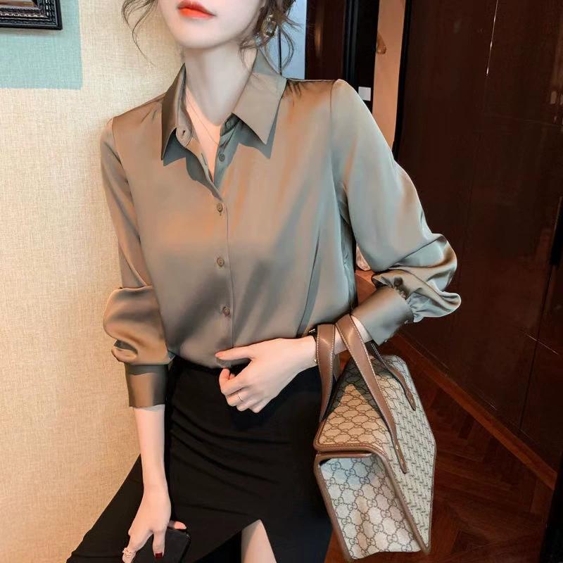 White Shirt Women's Autumn and Winter Design Sense Niche Satin Shirt All-match Retro Hong Kong Temperament Long-sleeved Drape Top